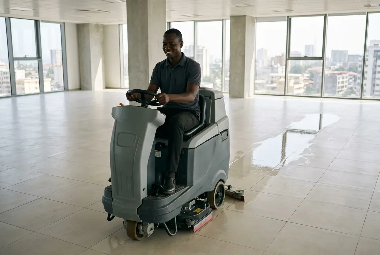 Auto-laveuse en action dans un hall